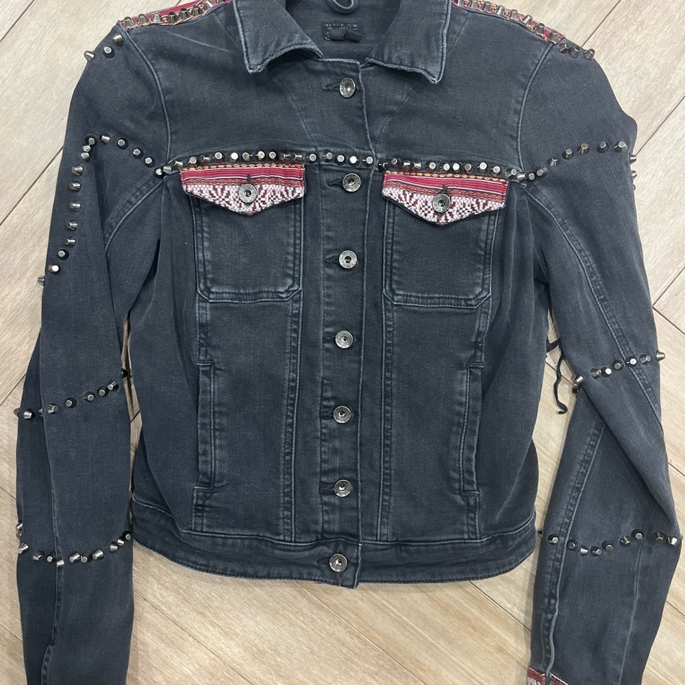 Guess Black Studded Denim Jean Jacket with Leather Fringe and Western Details